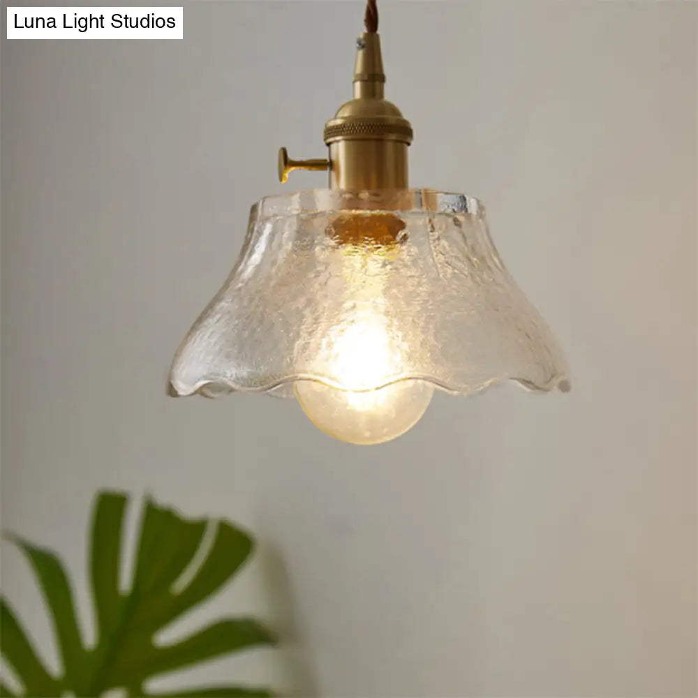 Modern Farmhouse Brass Scalloped 1-Light Suspension Lamp With Water Glass: Hanging Light