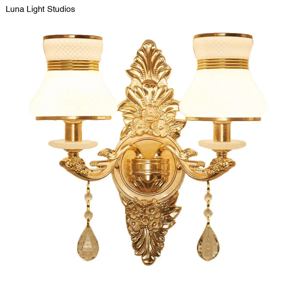 Modern Frosted Glass Bell Shade Wall Sconce With Gold Carved Backplate