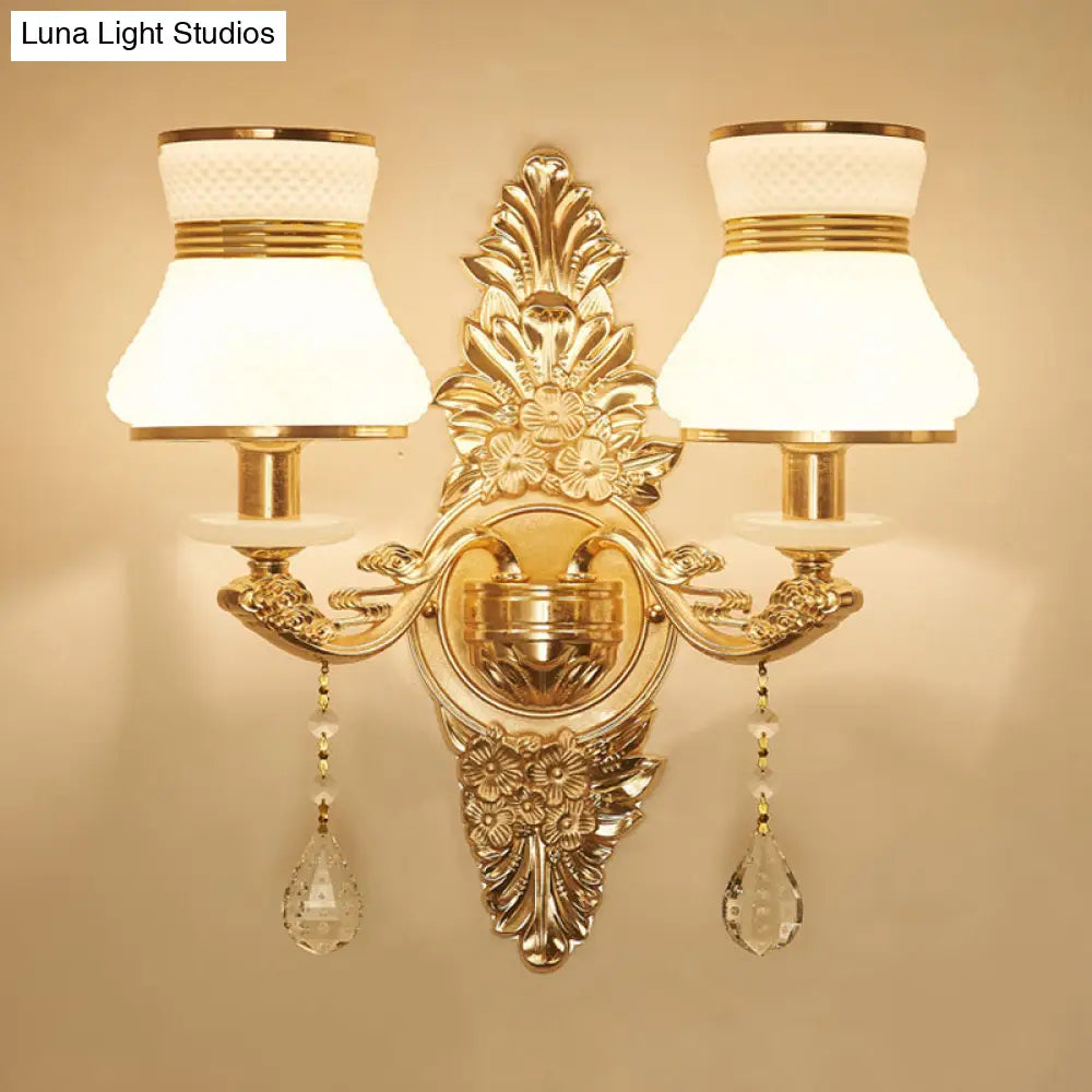 Modern Frosted Glass Bell Shade Wall Sconce With Gold Carved Backplate