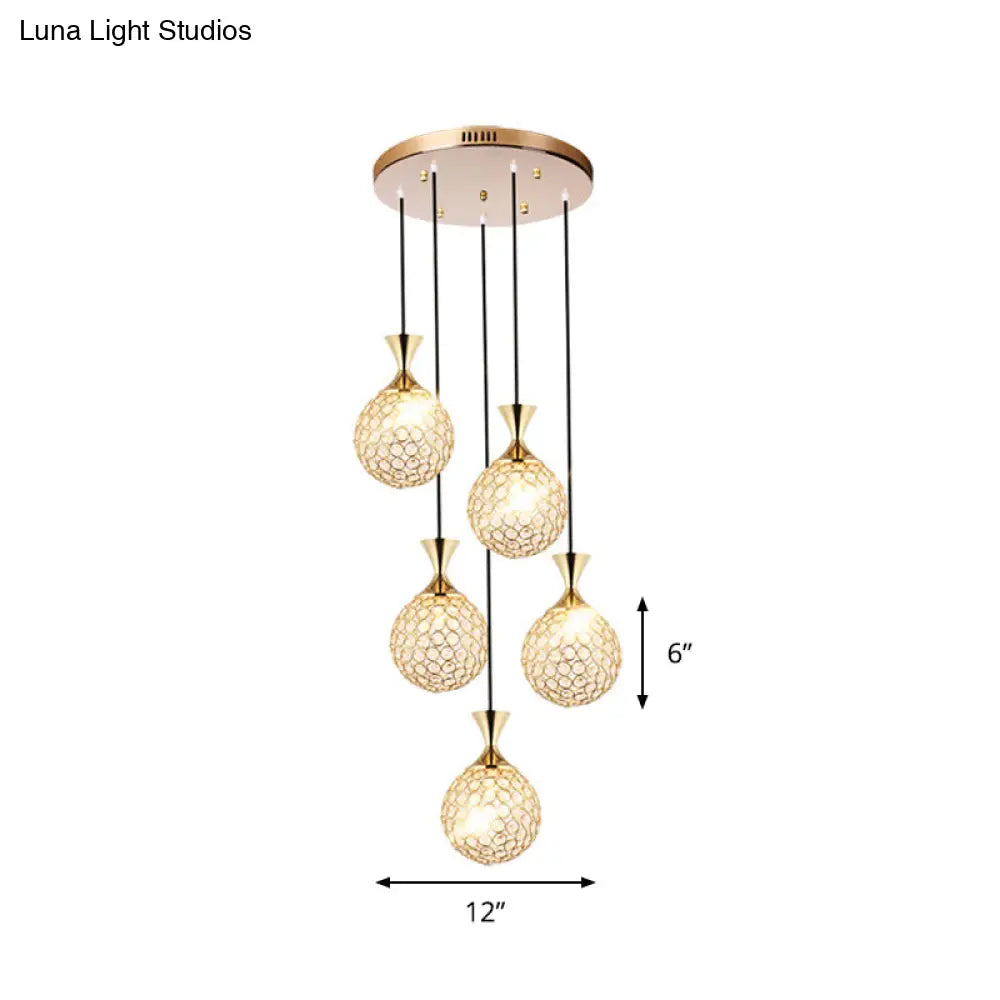 Modern Gold Crystal Cluster Pendant Light - Perfect For Dining Room 3/5 Bulbs Globe Design