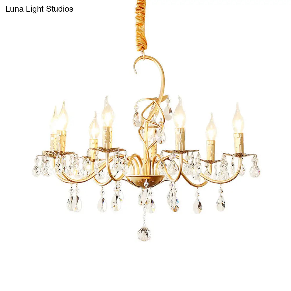 Modern Gold Finish 5/8-Light Metallic Chandelier Lamp With Crystal Deco And Curved Arm