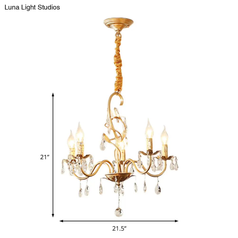 Modern Gold Finish 5/8-Light Metallic Chandelier Lamp With Crystal Deco And Curved Arm