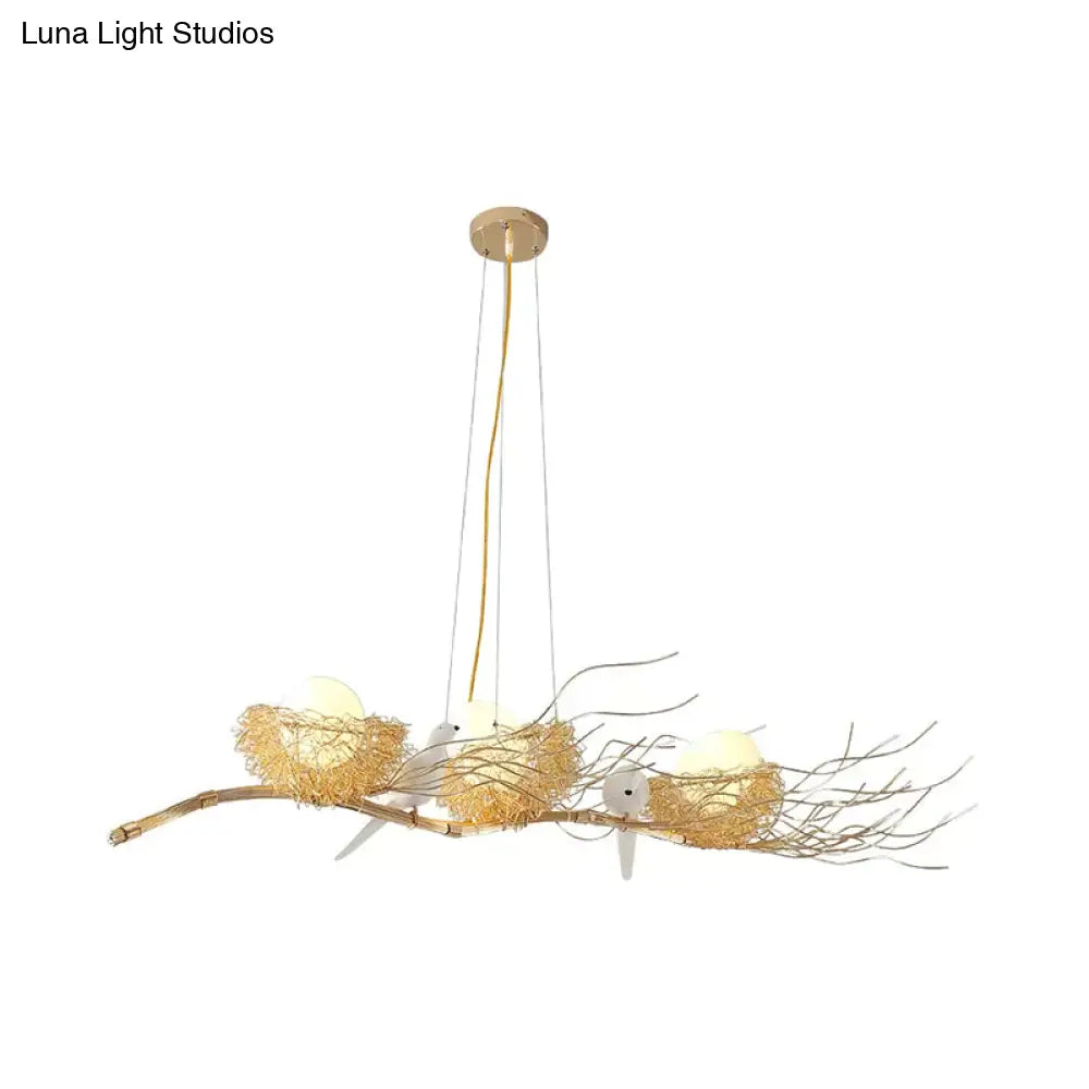 Modern Gold Nest Island Pendant Chandelier With Bird Decor - 3 Head Metal Lighting
