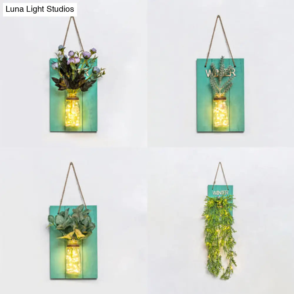 Modern Green Wooden Backplate Wall Lamp With Clear Glass Jar And Plant Decor String Light