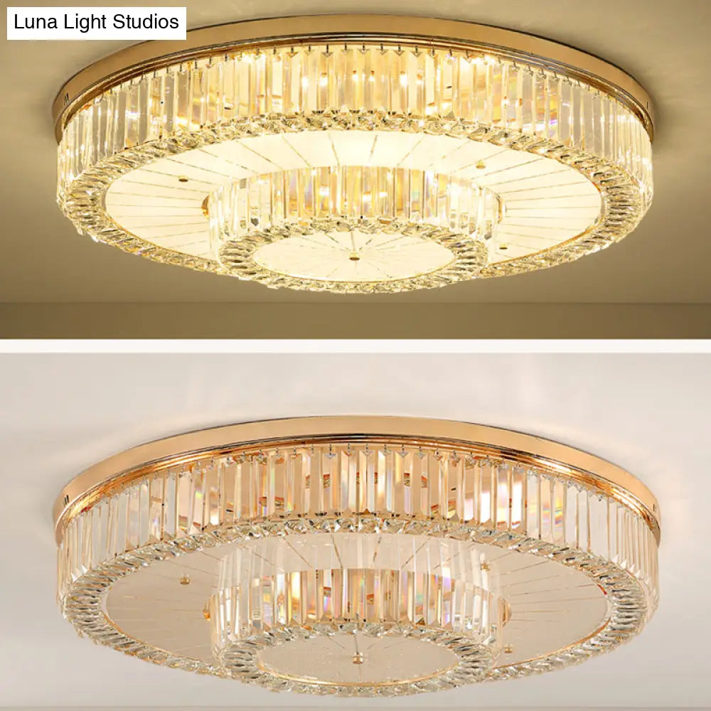 Modern Led Flush Ceiling Lamp With Clear Crystal Drum Shape For Living And Dining Room Lighting