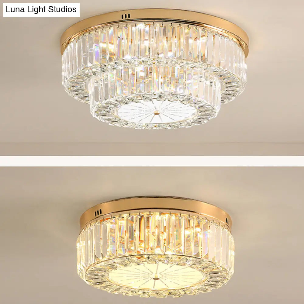 Modern Led Flush Ceiling Lamp With Clear Crystal Drum Shape For Living And Dining Room Lighting