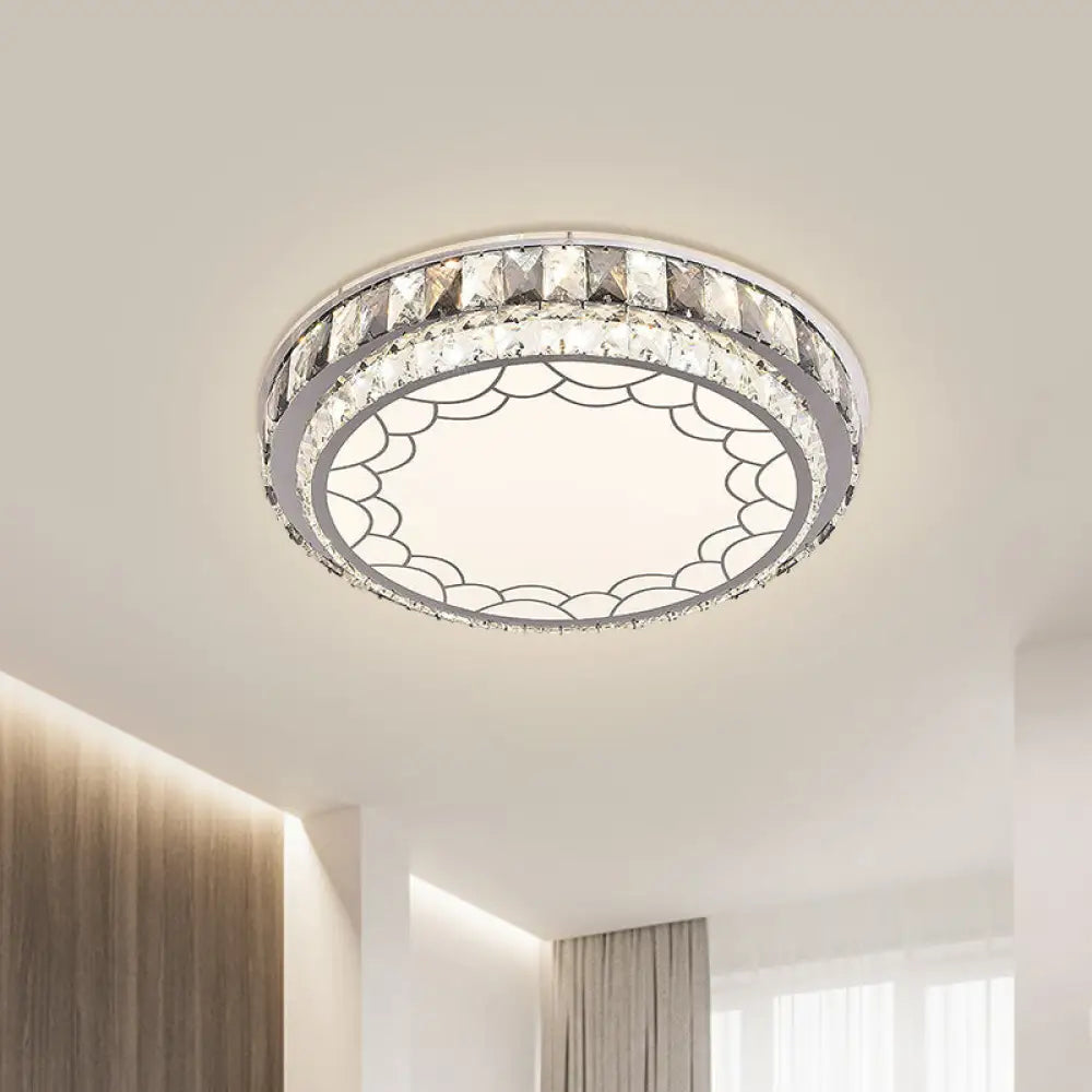 Modern Led Stainless-Steel Flushmount Light Fixture With Clear Faceted Crystal Blocks And