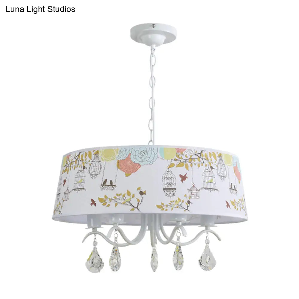 Modern Metal Chandelier With Drum Shade And Clear Crystal Accents White Pendant Light For Dining