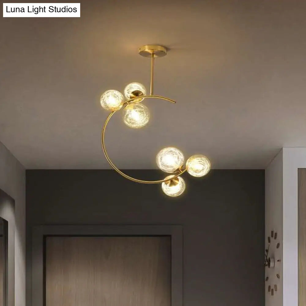 Modern Metal Hanging Chandelier In Gold With Globe Glass Shade - Bedroom Ceiling Light