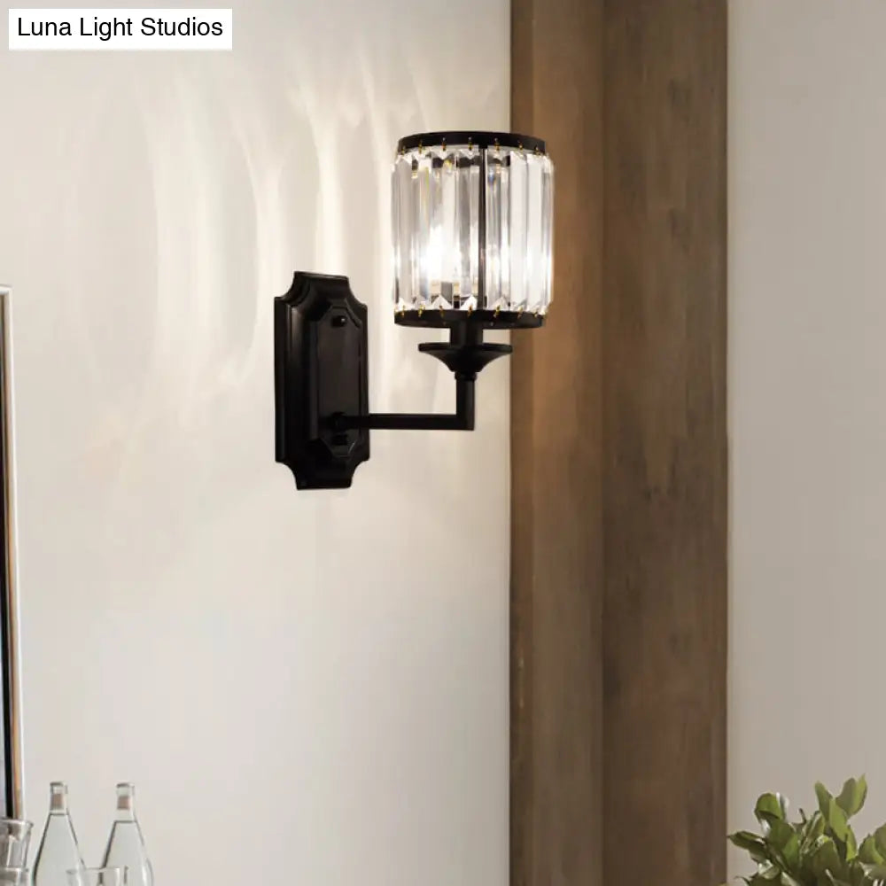 Modern Metallic Cylinder Wall Lamp: 1 Light Sconce With Clear Crystal Prism In Black For Corridor