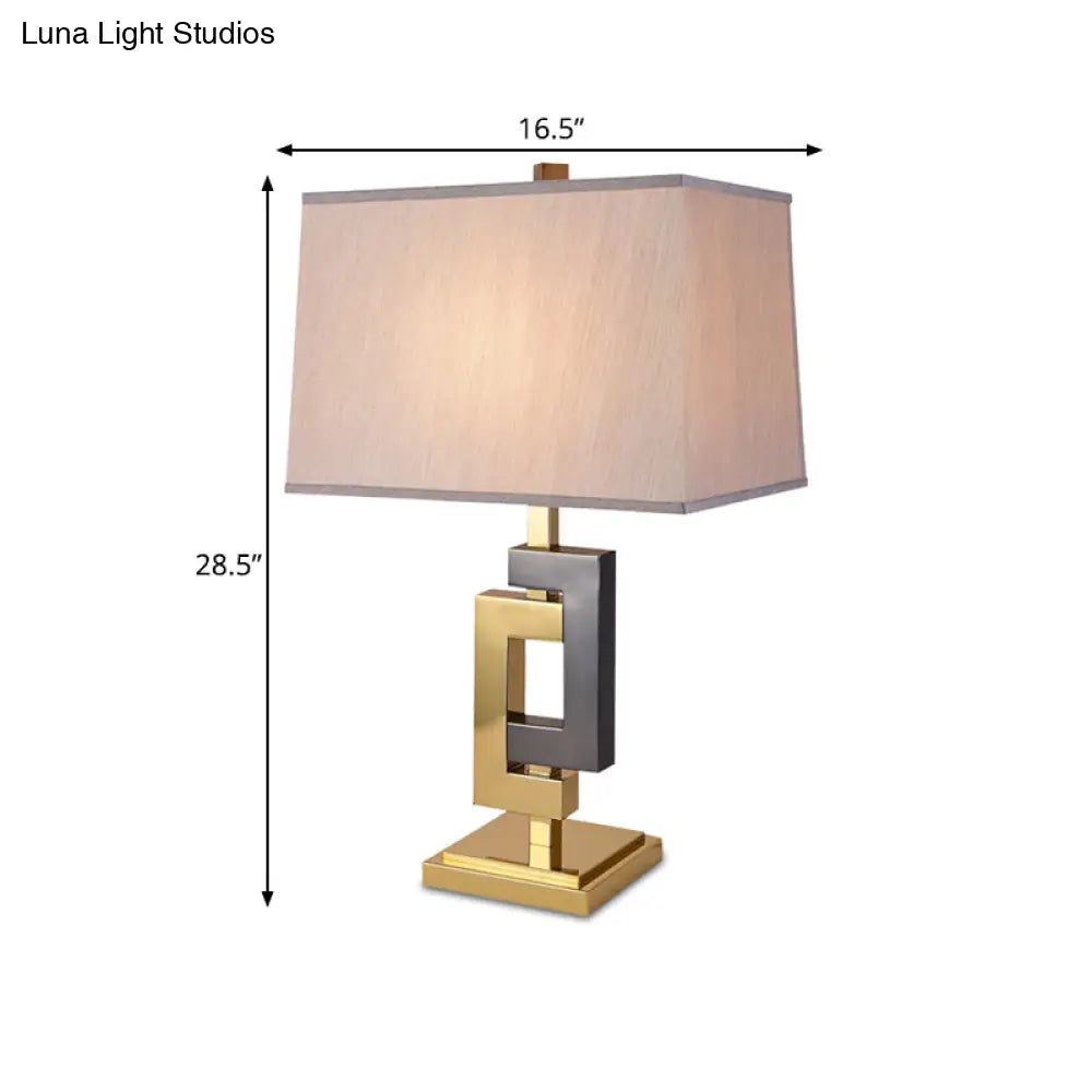 Modern Metallic Desk Lamp: Splicing Table Light With Grey & Gold Finish And Cuboid White Fabric
