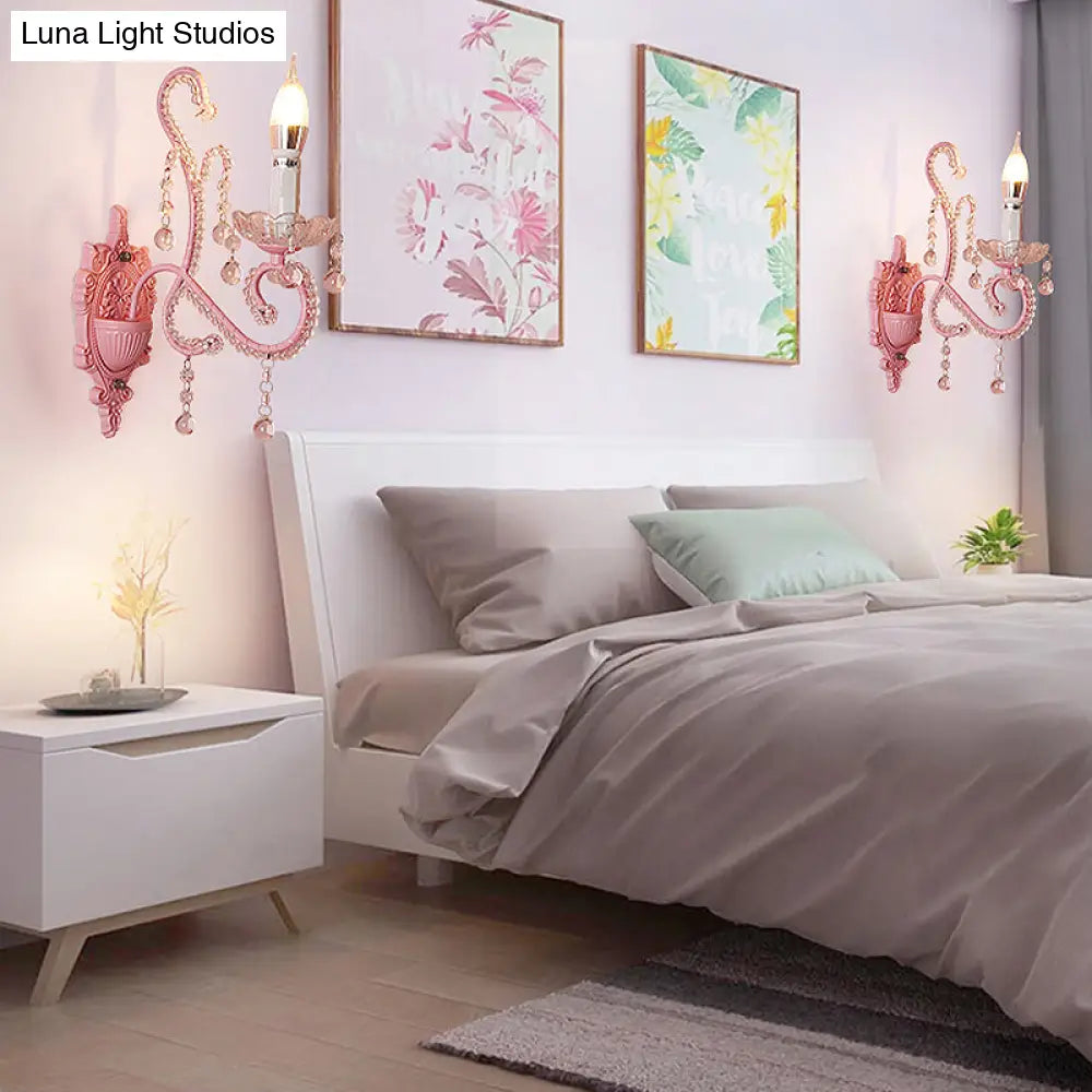 Modern Metallic Scroll Arm Wall Lamp With Crystal Orb Deco Pink