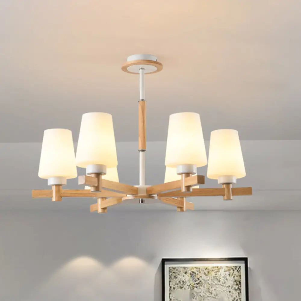 Modern Milk Glass Chandelier With Wood Suspension For Living Room Lighting 6 /