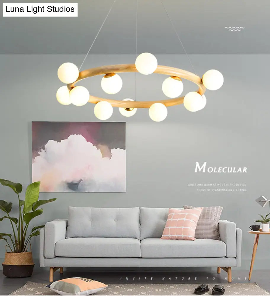 Modern Minimalist Natural Wood Round Chandelier - Stylish Light Fixture For Living Room Ceiling