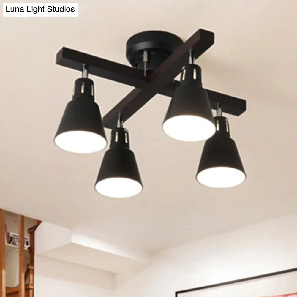 Modern Monochrome Bucket Shade Semi Flush Ceiling Light – 4 Lights Metallic Lamp For Bedroom