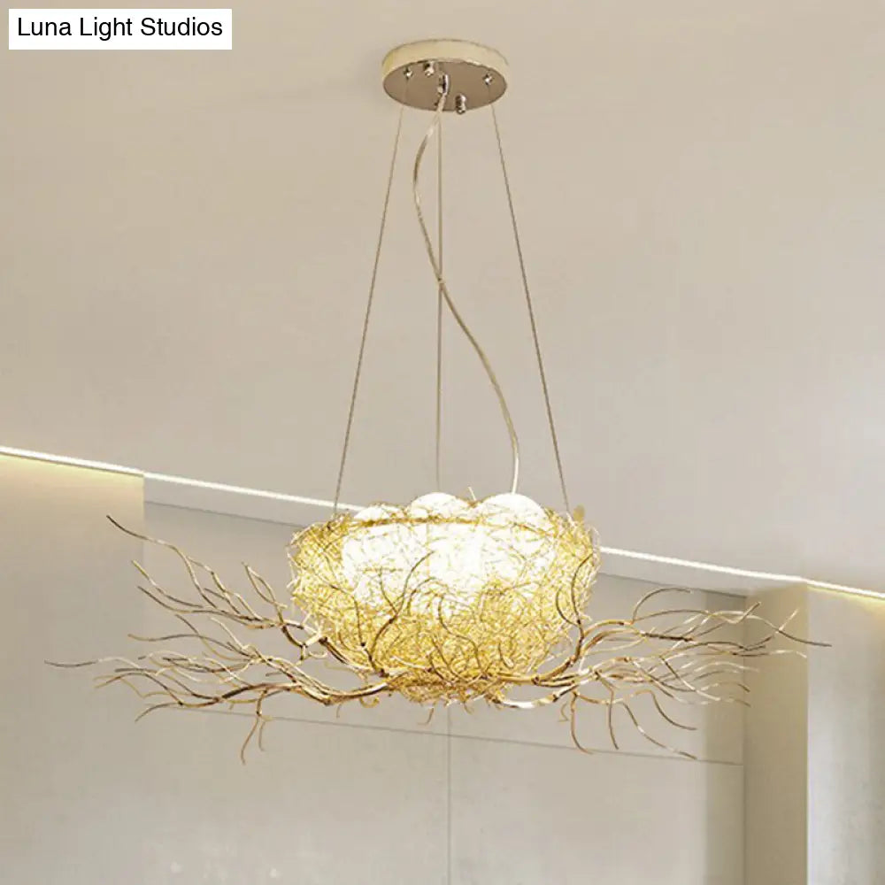 Modern Nest Pendant Light In Beige Aluminum - 3 Heads Chandelier Fixture For Dining Room