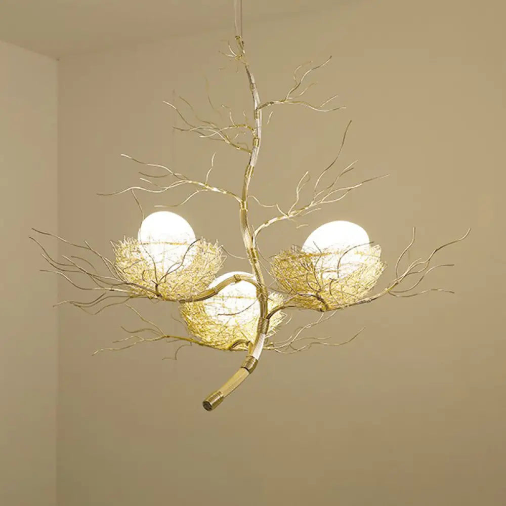 Modern Nest Pendant Light In Beige Aluminum - 3 Heads Chandelier Fixture For Dining Room / Tree