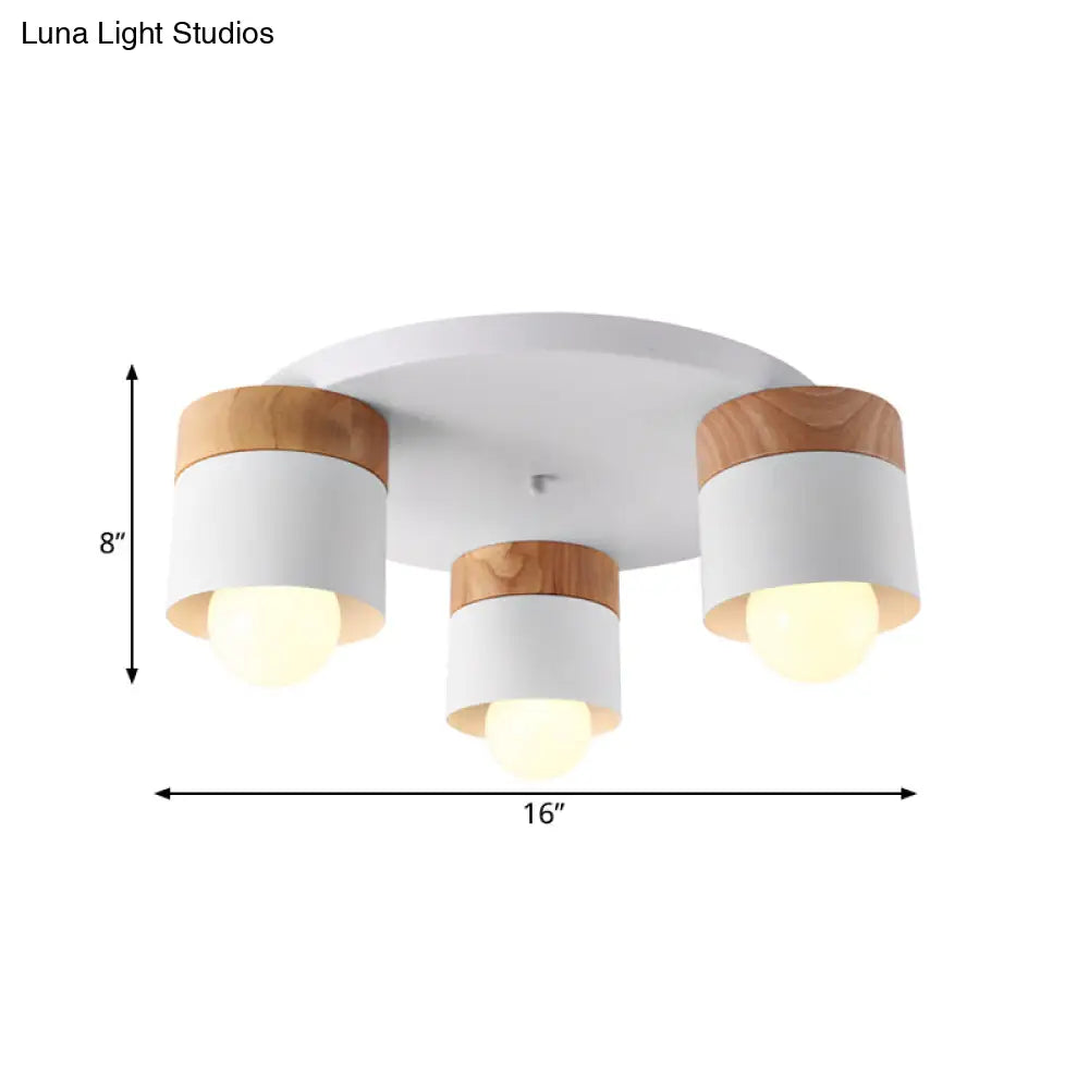 Modern Nordic Iron Cylinder Flush Mount Fixture With Wood Top - White 3 Bulb Ceiling For Bedroom