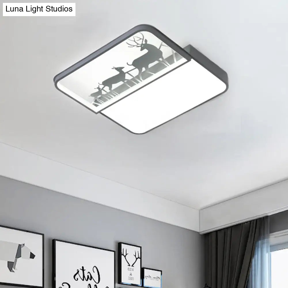 Modern Nordic Led Flush Ceiling Light - Black/Grey Deer Mount With Aluminum Square Shade