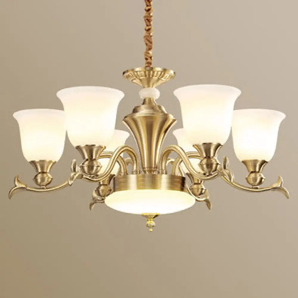 Modern Opaline Glass Chandelier For Living Room - Gold Bell Hanging Light Fixture 6 / White