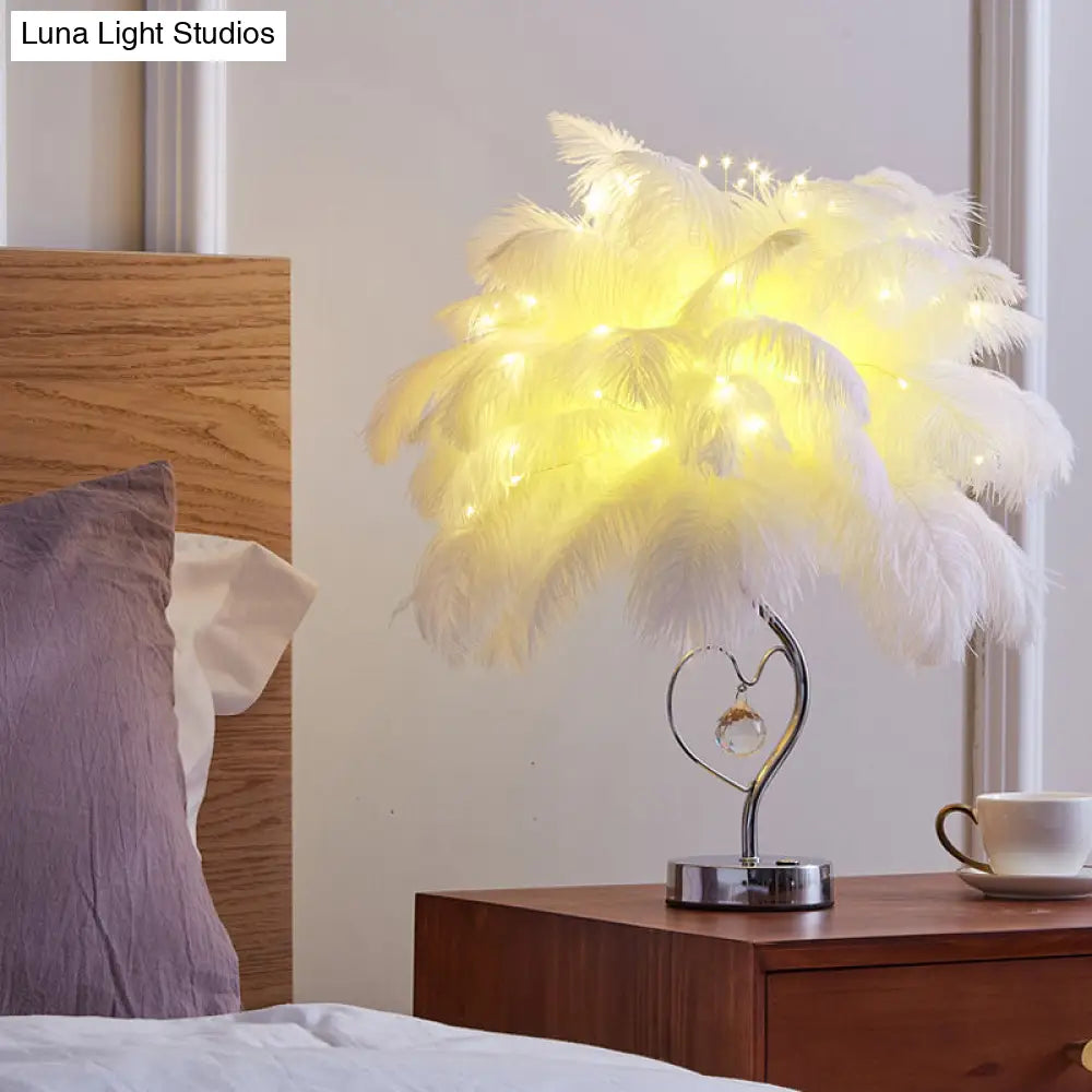 Modern Romantic Pink/White Led Nightstand Lamp With K9 Crystal Drop - Palm Tree Feather Table