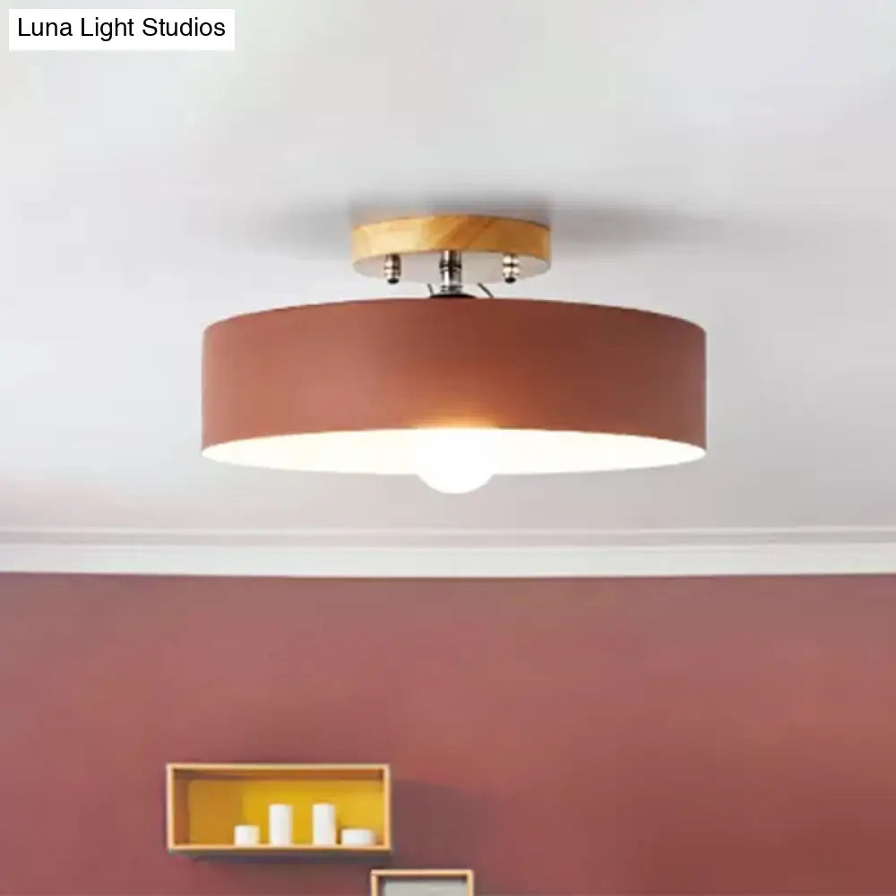 Modern Semi-Mount Drum Light: 1-Light 12’ W Metal Fixture In Gray/White/Red/Pink For Living Room