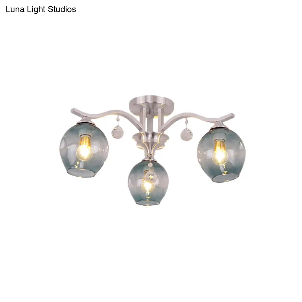 Modern Smoke Glass Bud Semi Ceiling Mount Light For Restaurants & Hotels - 3 - Light Crystal Lamp