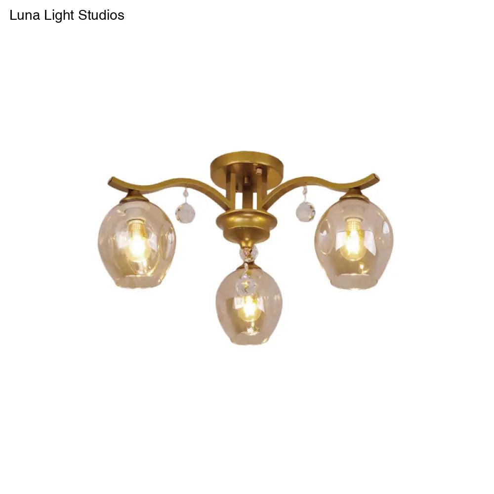 Modern Smoke Glass Bud Semi Ceiling Mount Light For Restaurants & Hotels - 3 - Light Crystal Lamp