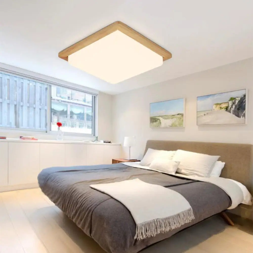 Modern Square Ceiling Mount Light With Beige Acrylic Shade Led Flush Lamp (White/Warm Light) Wood
