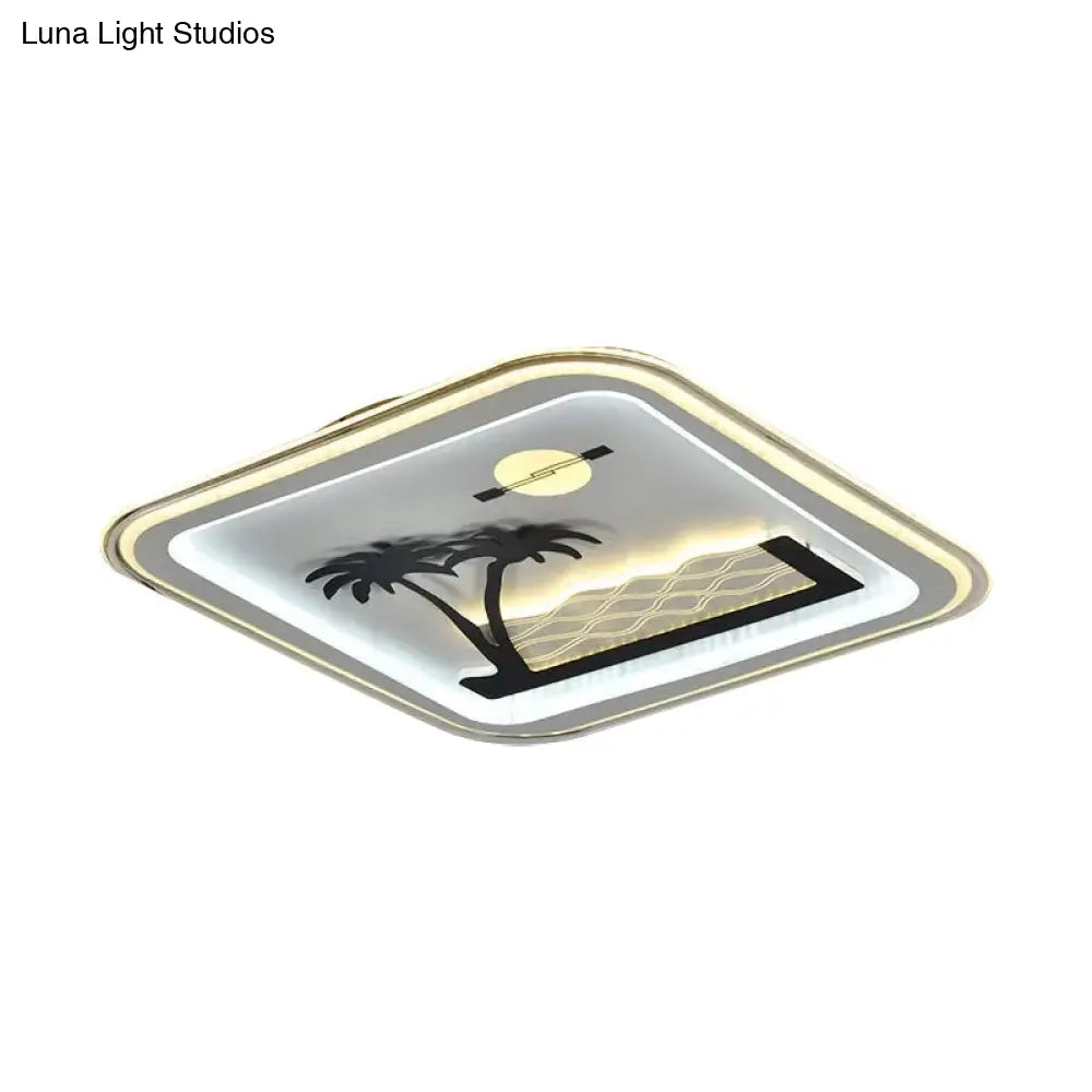 Modern Square Flushmount Led Lamp With Tree Pattern In White - Bedroom Fixture