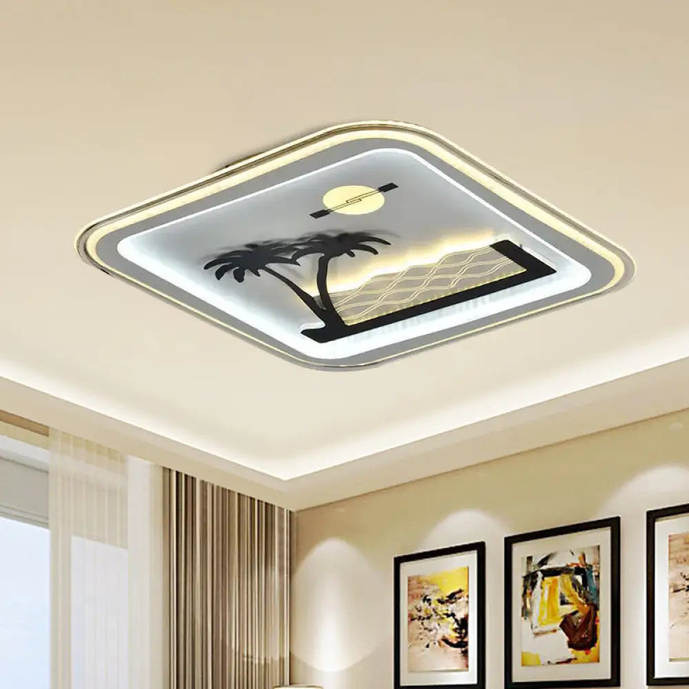 Modern Square Flushmount Led Lamp With Tree Pattern In White - Bedroom Fixture / B