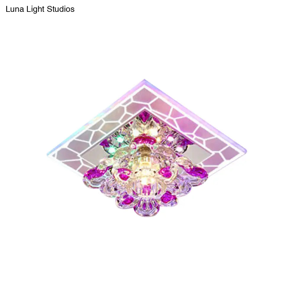 Modern Stainless Steel Led Flush Mount Ceiling Light With Clear Flower Crystal Square Spotlight S