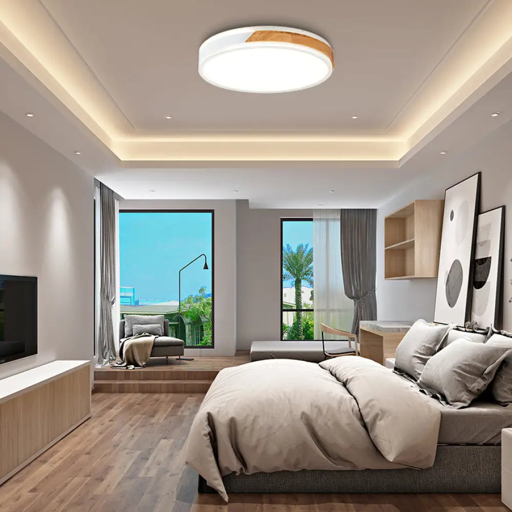 Modern Wood And Iron Ceiling Light Flush Mount In White/Gold - Warm White Indoor Fixture / 12’