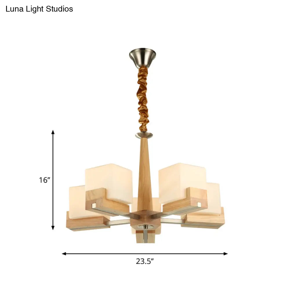 Modern Wood Cube Chandelier With Multiple Bulbs For Bedroom