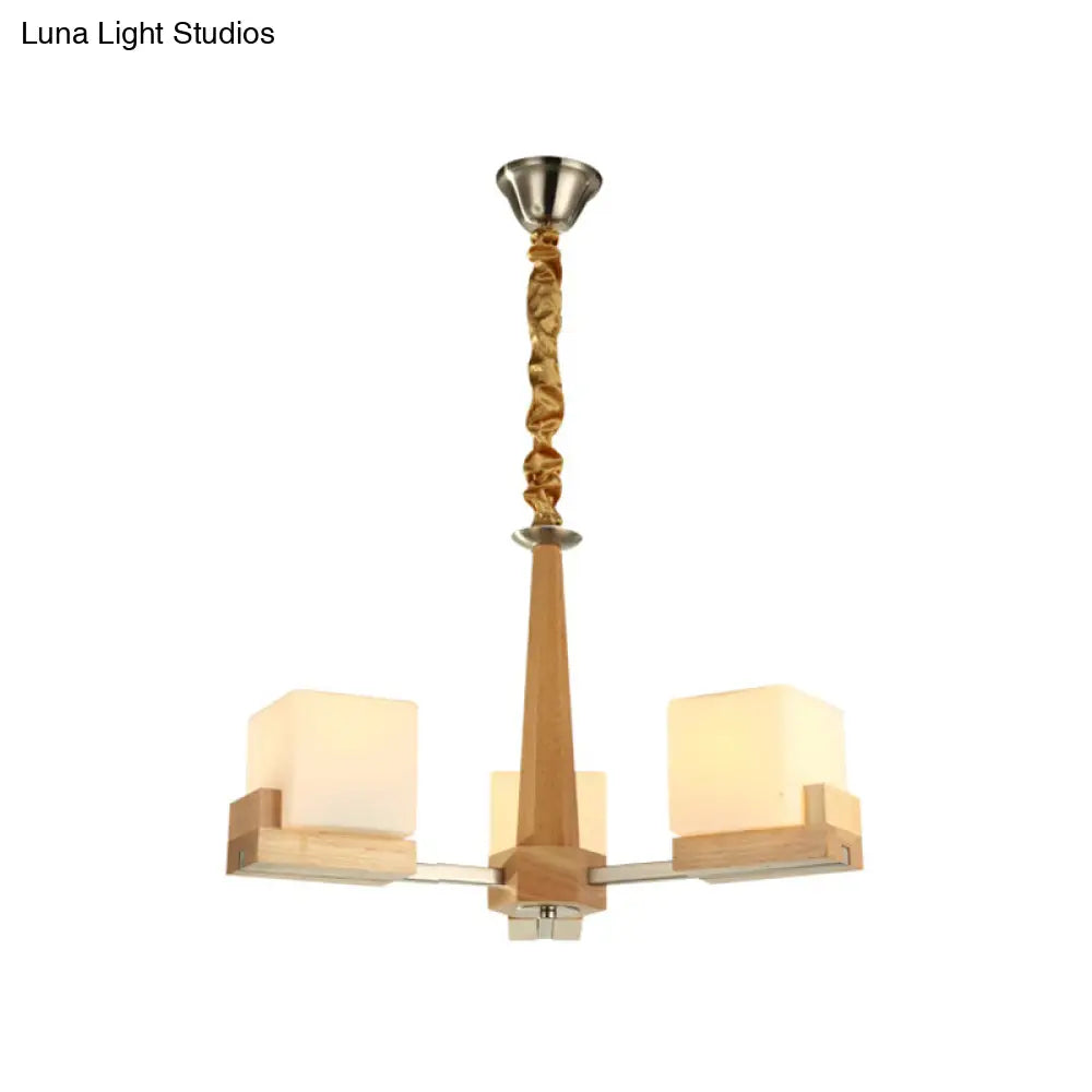 Modern Wood Cube Chandelier With Multiple Bulbs For Bedroom