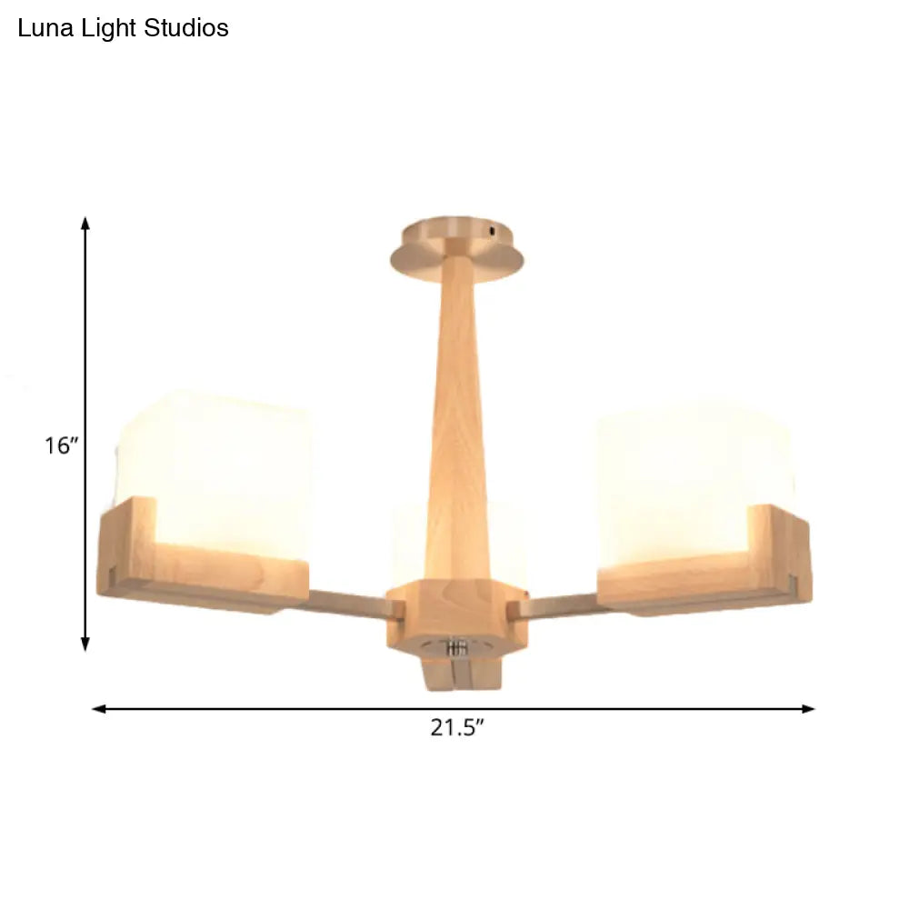 Modern Wood Radial Semi Flush Ceiling Lamp With White Glass Shade - 3/5/8 Lights Beige Fixture