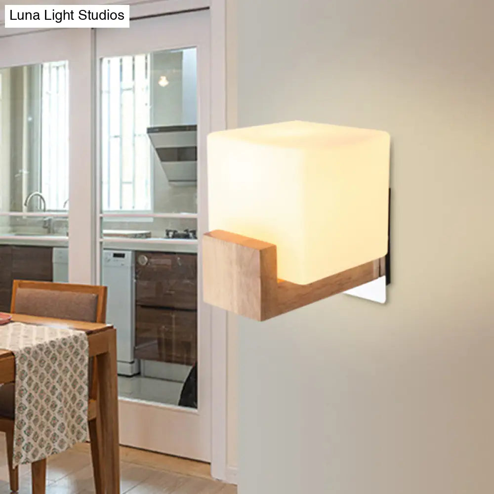 Modern Wood Square Wall Sconce With White Glass Shade: Single Head Mounted Light
Note: While
