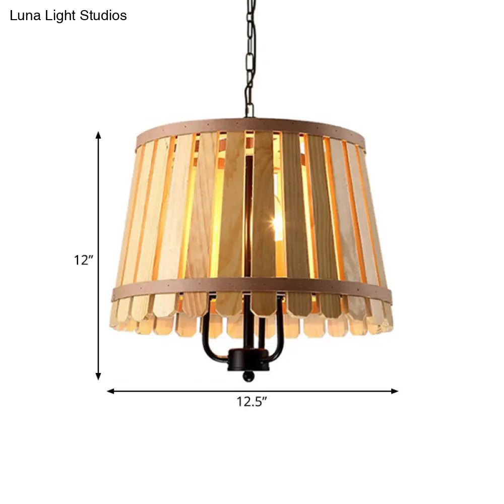 Modern Wooden Chandelier Light Fixture - 12.5/16.5 Wide Slatted Design 3 Lights Blue/Green/Wood