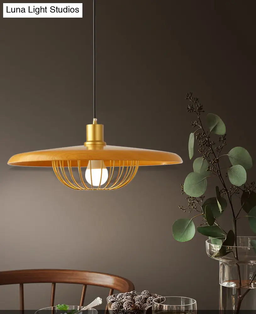 Modern Wooden Pendant Light With Golden Metal Cage - Single Bulb Hanging Lamp For Coffee Shop