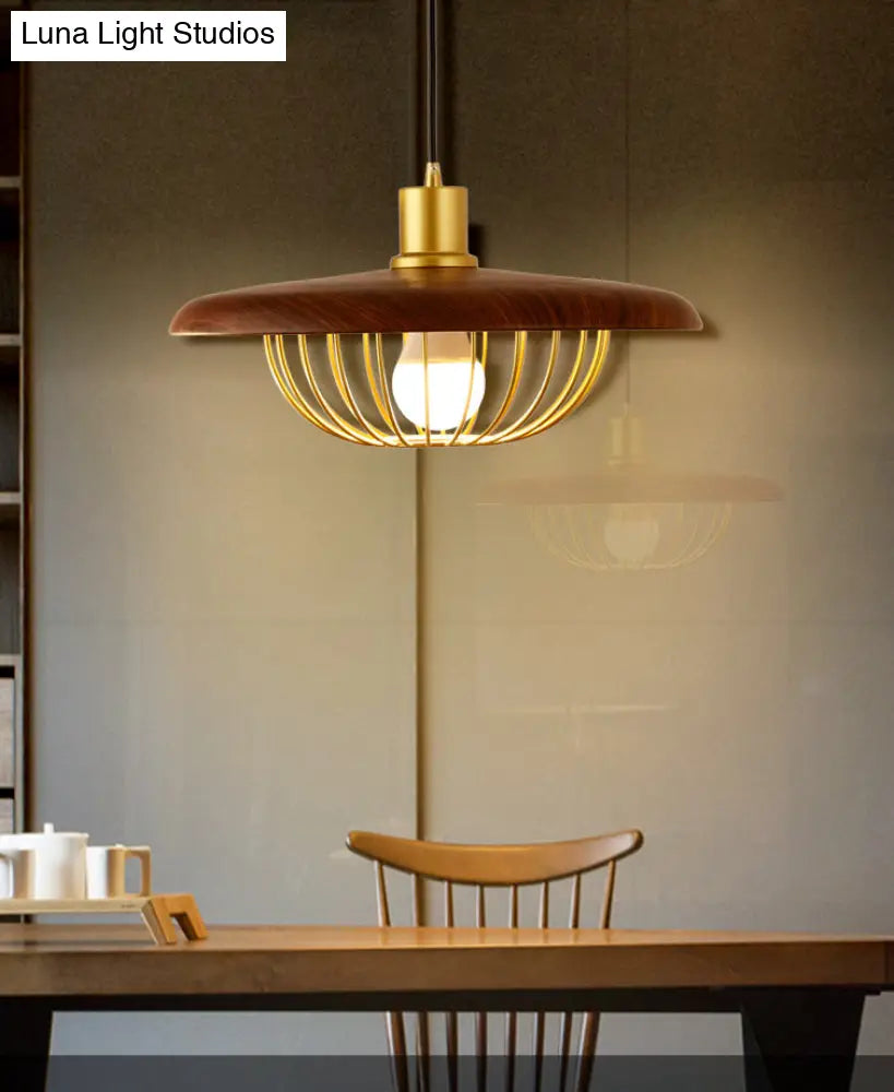 Modern Wooden Pendant Light With Golden Metal Cage - Single Bulb Hanging Lamp For Coffee Shop