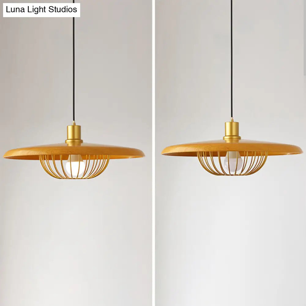 Modern Wooden Pendant Light With Golden Metal Cage - Single Bulb Hanging Lamp For Coffee Shop