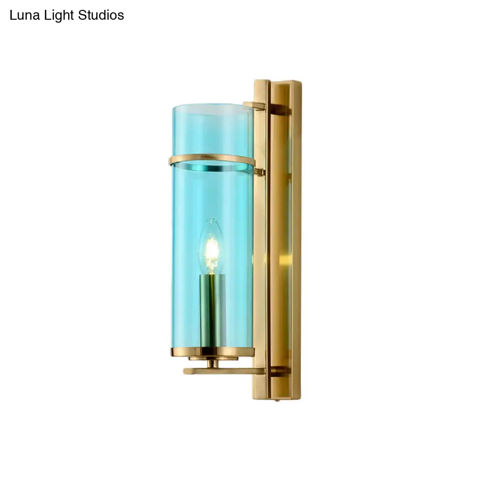 Modernist Brass Wall Lamp With Tubular Cognac/Water Blue Glass Shade - Bedroom Sconce Light Fixture