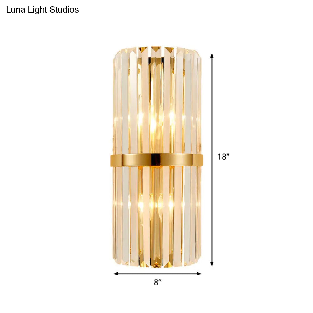 Modernist Clear Crystal Cylinder Wall Lighting Fixture - 2 Lights Golden Sconce Lamp (18/21.5