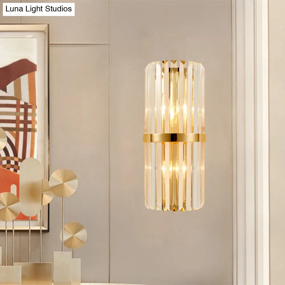 Modernist Clear Crystal Cylinder Wall Lighting Fixture - 2 Lights Golden Sconce Lamp (18/21.5