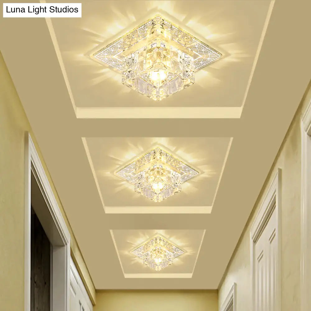 Modernist Crystal Block Flushmount Ceiling Light With Led - White/Warm