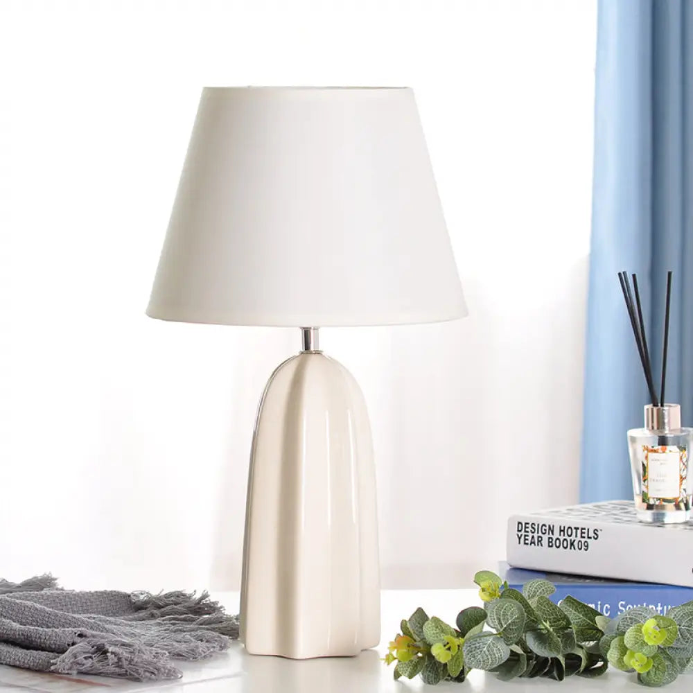 Modernist Fabric Barrel Table Lamp With Prism Ceramics Base - White/Brown Night Light 1 Bulb White