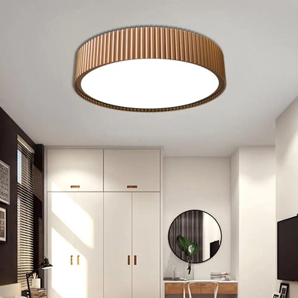 Modernist Metal Drum Flush Ceiling Light Fixture - 18’/22’ Dia Coffee Led Mount Lamp In
