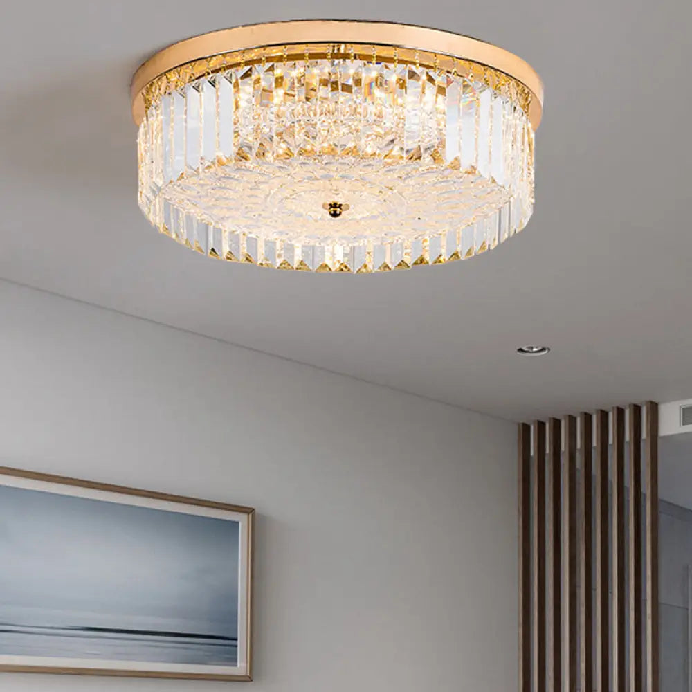 Modernist Metal Flush Mount Lamp With Led Drum Shade And Crystal Prism In Gold Finish - 14’/18’