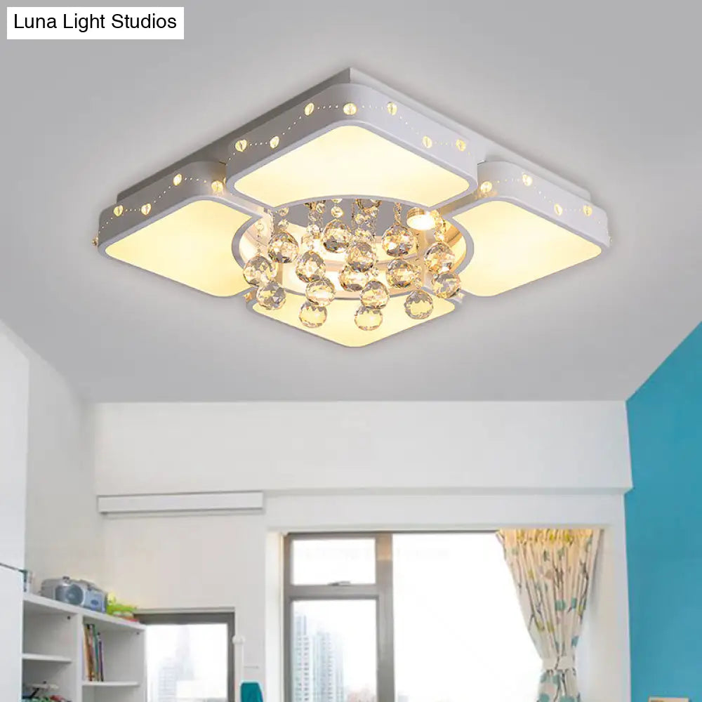 Modernist Metal Led Bedroom Flush Mount Light In White With Crystal Droplet | Square Close - To -