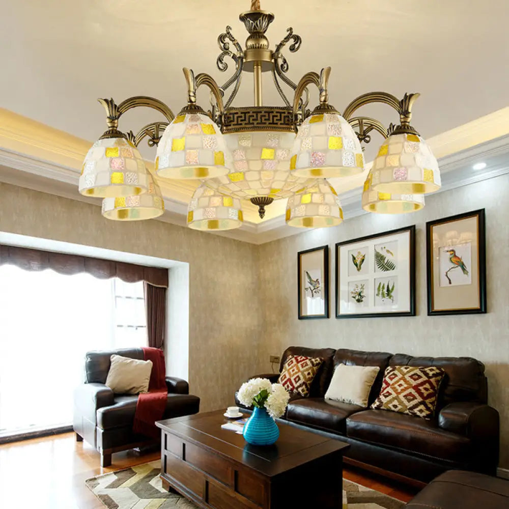 Mosaic Design Tiffany Chandelier With 6/8 Lights In Aged Brass And White Glass Pendant 8 /